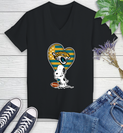 Jacksonville Jaguars NFL Football The Peanuts Movie Adorable Snoopy Women's V-Neck T-Shirt 2