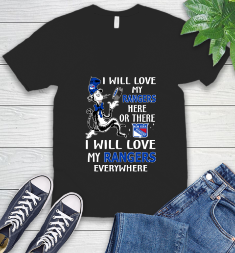 NHL Hockey New York Rangers I Will Love My Rangers Everywhere Dr Seuss Shirt V-Neck T-Shirt