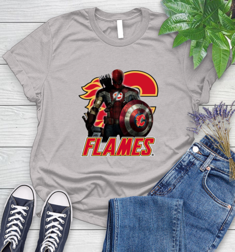 NHL Captain America Thor Spider Man Hawkeye Avengers Endgame Hockey Calgary Flames Women's T-Shirt 10