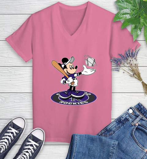 MLB Baseball Colorado Rockies Cheerful Mickey Disney Shirt Women's V-Neck T-Shirt 11