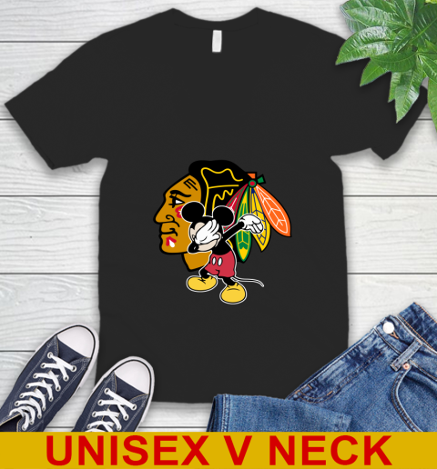 Chicago Blackhawks NHL Hockey Dabbing Mickey Disney Sports V-Neck T-Shirt 2