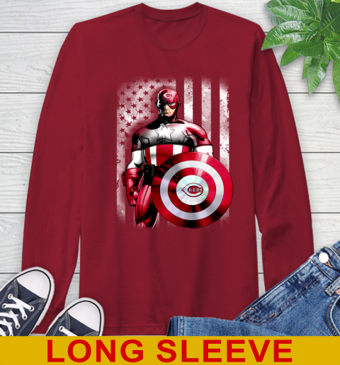 Cincinnati Reds MLB Baseball Captain America Marvel Avengers American Flag Shirt Long Sleeve T-Shirt 9