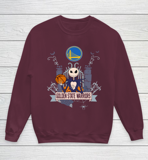 NBA Golden State Warriors Basketball Jack Skellington Halloween Youth Sweatshirt 4