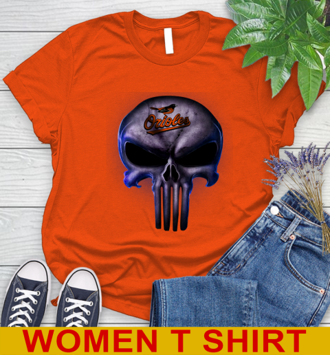 Baltimore Orioles MLB Baseball Punisher Skull Sports Women's T-Shirt 3