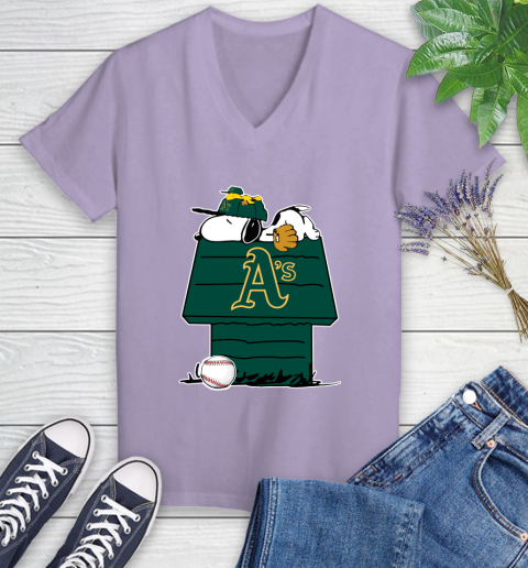 MLB Oakland Athletics Snoopy Woodstock The Peanuts Movie Baseball T Shirt Women's V-Neck T-Shirt 14