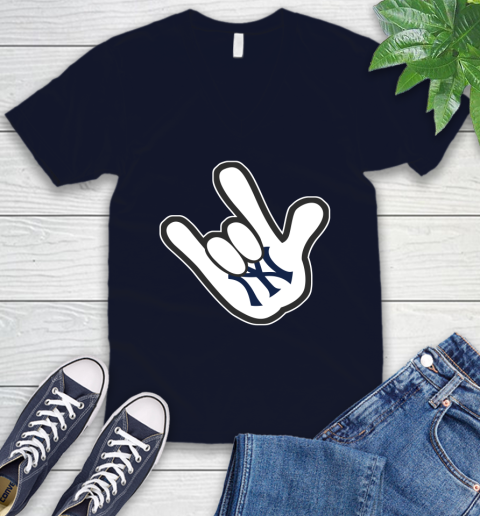 New York Yankees MLB Baseball Mickey Rock Hand Disney V-Neck T-Shirt 3