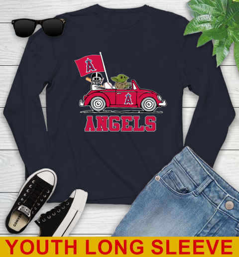 MLB Baseball Los Angeles Angels Darth Vader Baby Yoda Driving Star Wars Shirt Youth Long Sleeve 3