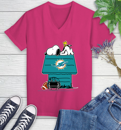 Miami Dolphins NFL Football Snoopy Woodstock The Peanuts Movie Women's V-Neck T-Shirt 9