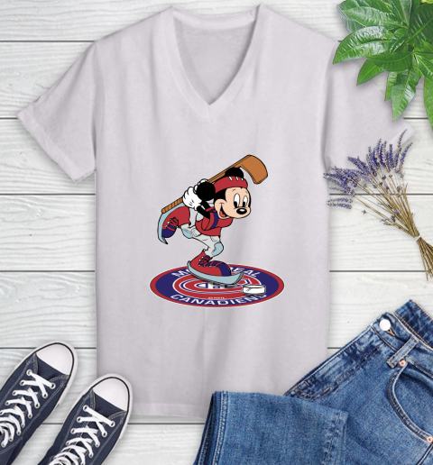 NHL Hockey Montreal Canadiens Cheerful Mickey Disney Shirt Women's V-Neck T-Shirt 2