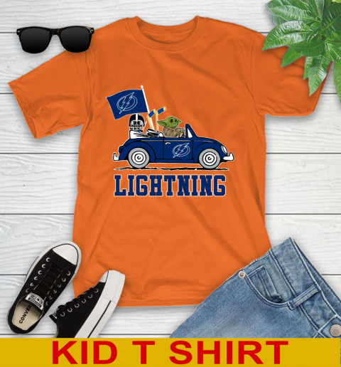 NHL Hockey Tampa Bay Lightning Darth Vader Baby Yoda Driving Star Wars Shirt Youth T-Shirt 7