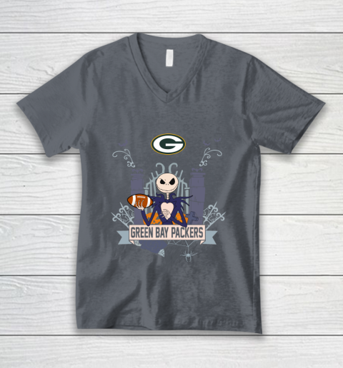 NFL Green Bay Packers Football Jack Skellington Halloween V-Neck T-Shirt 4