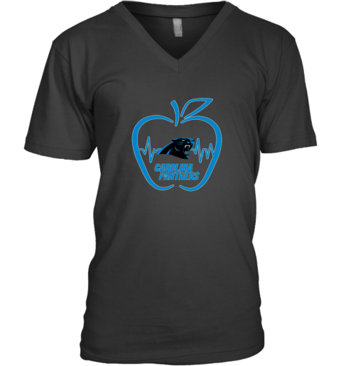 Apple Heartbeat Teacher Symbol Carolina Panthers V-Neck T-Shirt