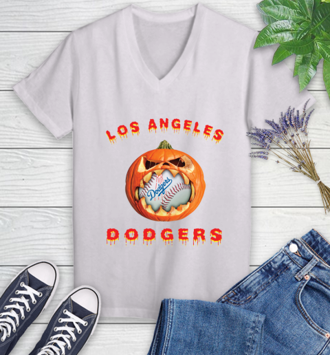 MLB Los Angeles Dodgers Halloween Pumpkin Baseball Sports Women's V-Neck T-Shirt