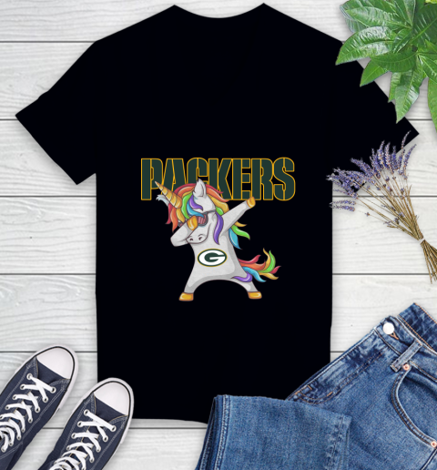 Green Bay Packers NFL Football Funny Unicorn Dabbing Sports Women's V-Neck T-Shirt 2