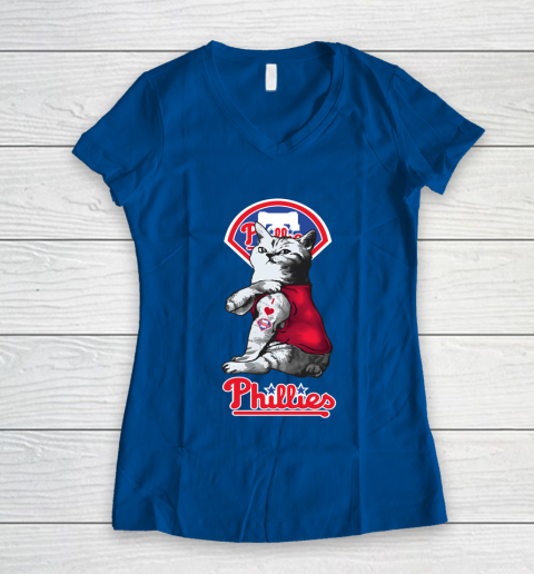 MLB Baseball My Cat Loves Philadelphia Phillies Women's V-Neck T-Shirt 7