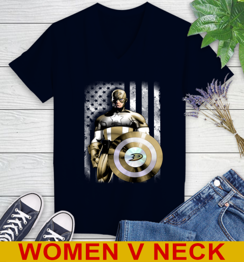 Anaheim Ducks NHL Hockey Captain America Marvel Avengers American Flag Shirt Women's V-Neck T-Shirt 2