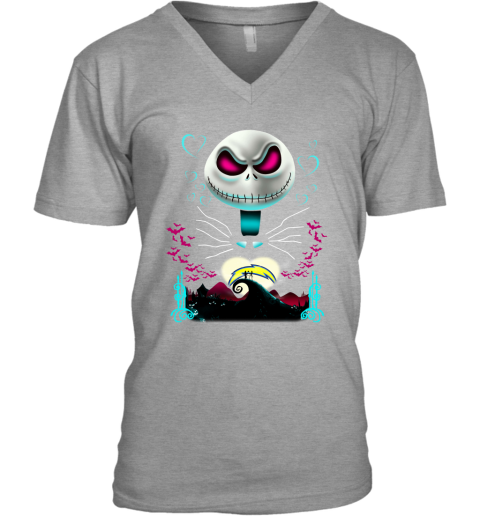 NFL Los Angeles Chargers Jack Skellington Sally The Nightmare Before Christmas Football F0tHvVrDWoH v neck unisex 8 95 151514 front sport grey