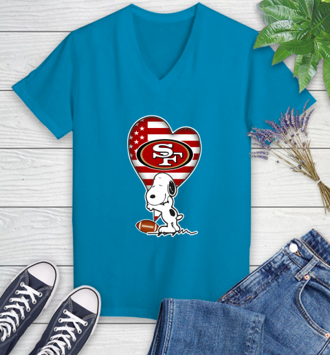 San Francisco 49ers NFL Football The Peanuts Movie Adorable Snoopy Women's V-Neck T-Shirt 7