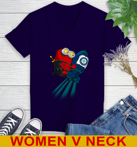 MLB Baseball Seattle Mariners Deadpool Minion Marvel Shirt Women's V-Neck T-Shirt 3