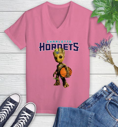 Charlotte Hornets NBA Basketball Groot Marvel Guardians Of The Galaxy Women's V-Neck T-Shirt 13