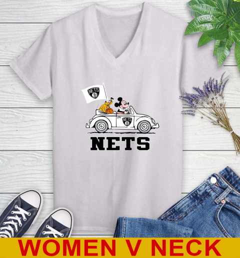 NBA Basketball Brooklyn Nets Pluto Mickey Driving Disney Shirt Women's V-Neck T-Shirt