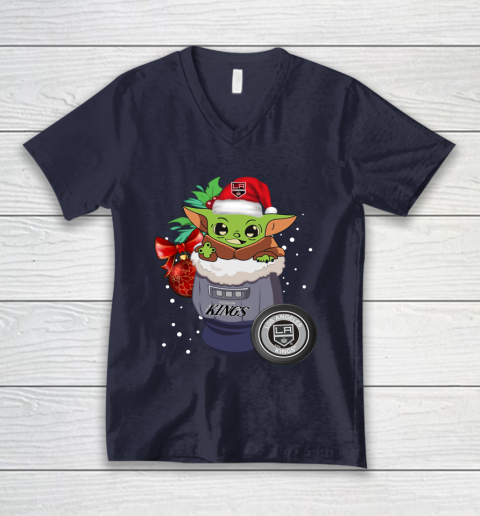 Los Angeles Kings Christmas Baby Yoda Star Wars Funny Happy NHL V-Neck T-Shirt 3