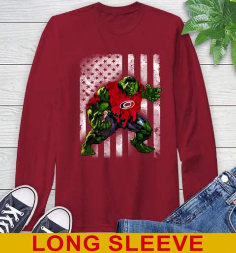 Carolina Hurricanes Hulk Marvel Avengers NHL Hockey American Flag Long Sleeve T-Shirt 9