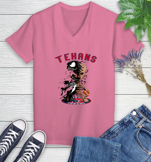 NFL Houston Texans Football Venom Groot Guardians Of The Galaxy Women's V-Neck T-Shirt 13