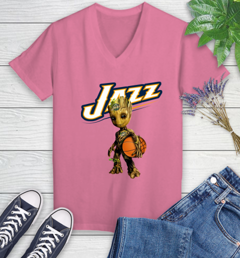 Utah Jazz NBA Basketball Groot Marvel Guardians Of The Galaxy Women's V-Neck T-Shirt 13
