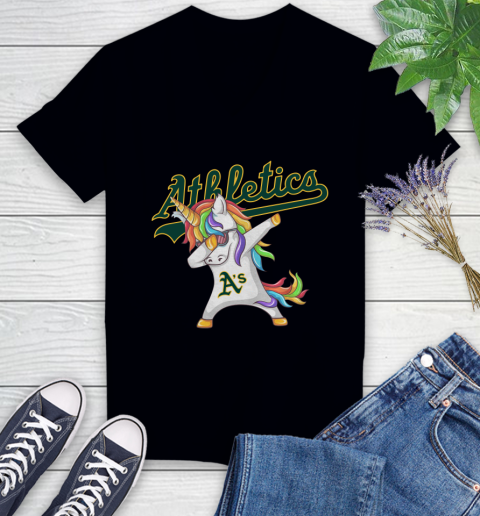 Oakland Athletics MLB Baseball Funny Unicorn Dabbing Sports Women's V-Neck T-Shirt 2