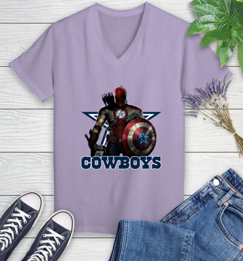 NFL Captain America Thor Spider Man Hawkeye Avengers Endgame Football Dallas Cowboys Women's V-Neck T-Shirt 14
