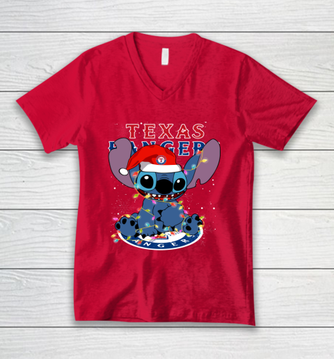Texas Rangers MLB noel stitch Baseball Christmas V-Neck T-Shirt 3