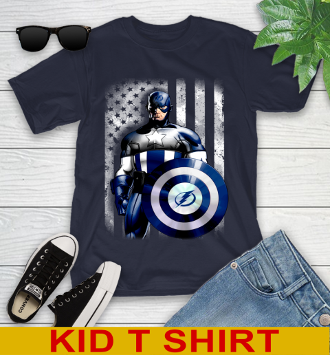Tampa Bay Lightning NHL Hockey Captain America Marvel Avengers American Flag Shirt Youth T-Shirt 3 Tampa Bay Lightning NHL Hockey Captain America Marvel Avengers American Flag Shirt Youth T-Shirt - Image 3