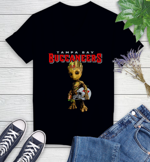 Tampa Bay Buccaneers NFL Football Groot Marvel Guardians Of The Galaxy Women's V-Neck T-Shirt 2