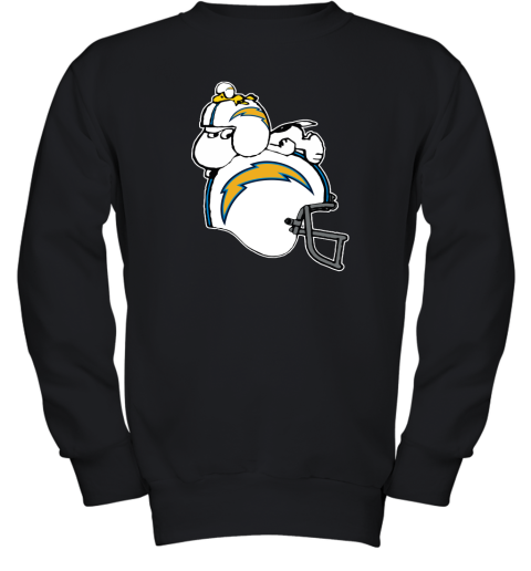 Snoopy And Woodstock Resting On Los Angeles Chargers Helmet Youth Sweatshirt