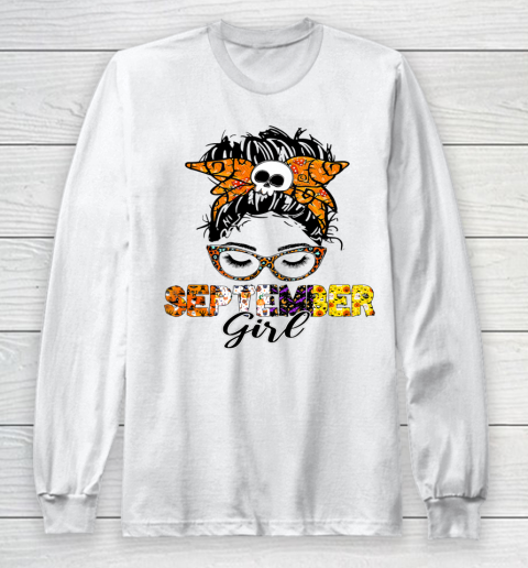 September Girl Woman Face Wink Eyes Halloween Skull Pumpkin Long Sleeve T-Shirt