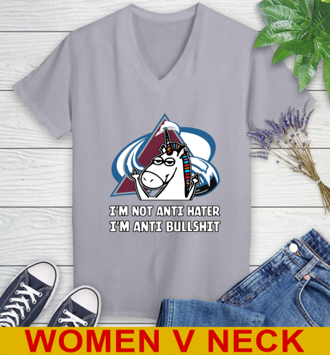 Colorado Avalanche NHL Hockey Unicorn I'm Not Anti Hater I'm Anti Bullshit Women's V-Neck T-Shirt 5