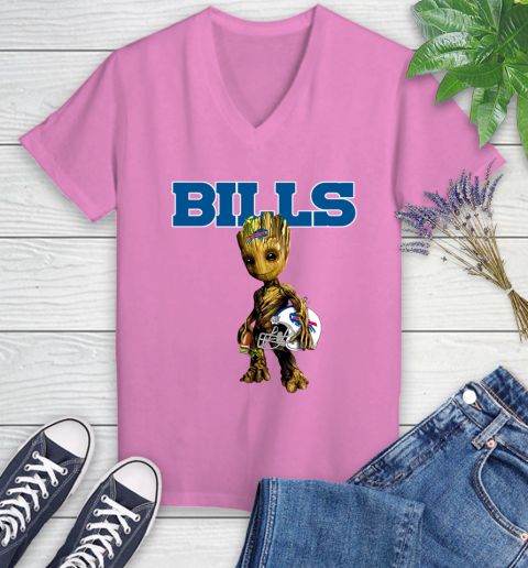 Buffalo Bills NFL Football Groot Marvel Guardians Of The Galaxy Women's V-Neck T-Shirt 14