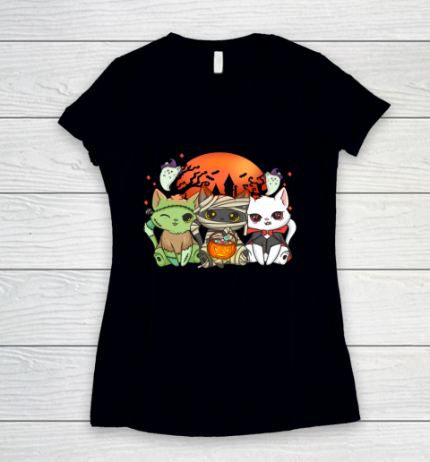 Kawaii Halloween Cats Cat Halloween Party Women's V-Neck T-Shirt