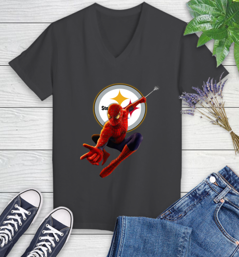NFL Spider Man Avengers Endgame Football Pittsburgh Steelers Women's V-Neck T-Shirt 8
