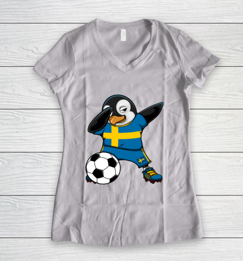 Dabbing Penguin Sweden Soccer Fans Jersey Football Lovers Women's V-Neck T-Shirt