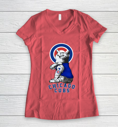 MLB Baseball My Cat Loves Chicago Cubs Women's V-Neck T-Shirt 4