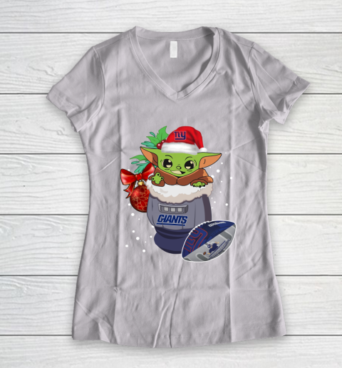 New York Giants Christmas Baby Yoda Star Wars Funny Happy NFL Women's V-Neck T-Shirt 2