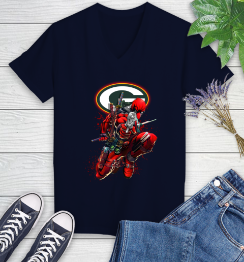 NFL Deadpool Marvel Comics Sports Football Green Bay Packers Women's V-Neck T-Shirt 3