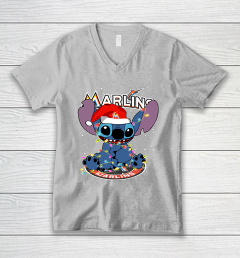 Miami Marlins MLB noel stitch Baseball Christmas V-Neck T-Shirt 2