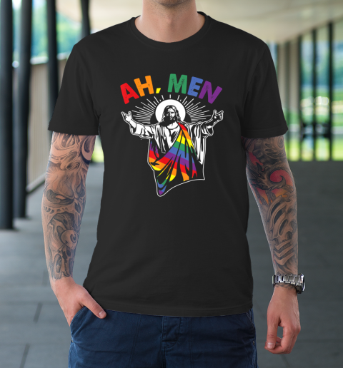 Ah Men Funny LGBT Gay Pride Jesus Rainbow Flag Christian T-Shirt 1