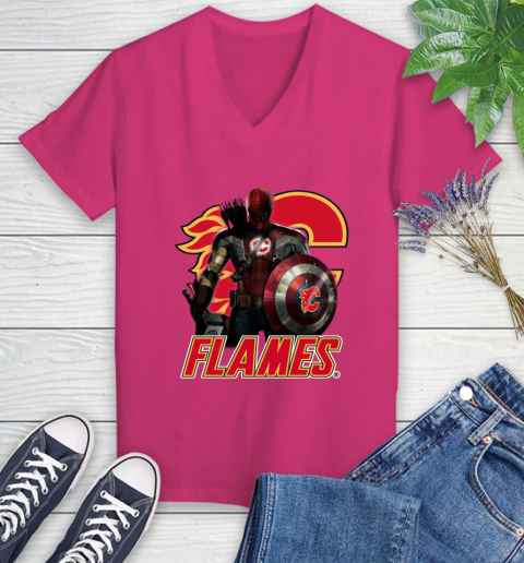 NHL Captain America Thor Spider Man Hawkeye Avengers Endgame Hockey Calgary Flames Women's V-Neck T-Shirt 9