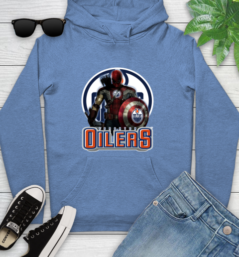 NHL Captain America Thor Spider Man Hawkeye Avengers Endgame Hockey Edmonton Oilers Youth Hoodie 12