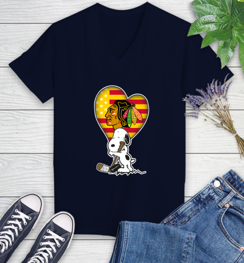 Chicago Blackhawks NHL Hockey The Peanuts Movie Adorable Snoopy Women's V-Neck T-Shirt 3