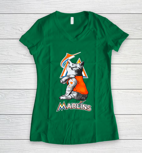 MLB Baseball My Cat Loves Miami Marlins Women's V-Neck T-Shirt 3